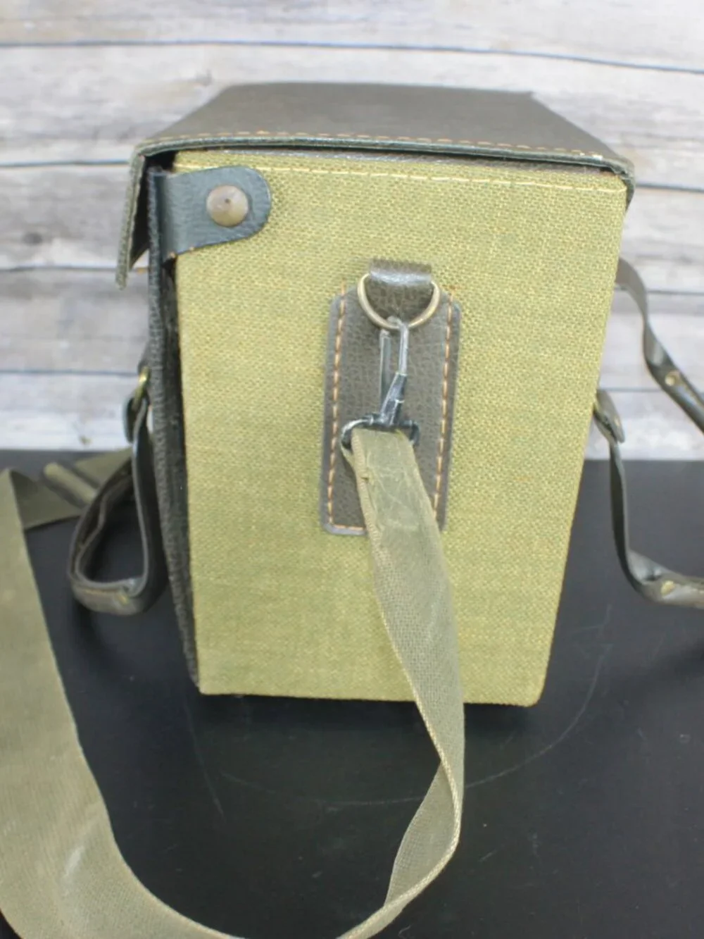 Vintage Style Hard Camera Case Olive Green Canvas Leather Shoulder Carry Suede